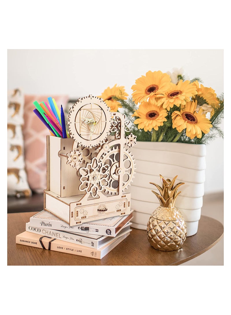 DIY Wooden Clock with Music Box & Pen Holder, Silent Mechanical Clock Model Kits for Creative Assembly, Perfect Woodcraft Gift for Home & Office