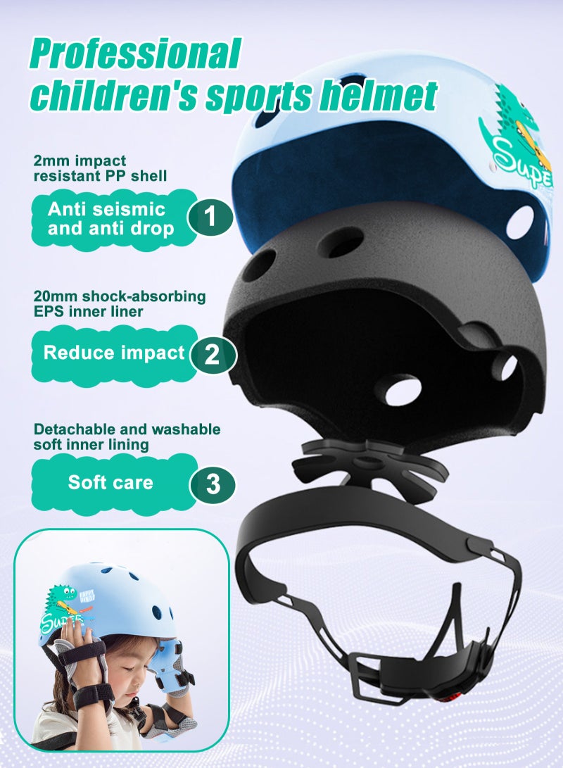 7 PCS Kids Helmet Adjustable Protective Gear Set with Elbow Knee Wrist Pads for Multi-Sports Skateboarding Bike Riding Scooter Inline skatings Longboard Roller Skate