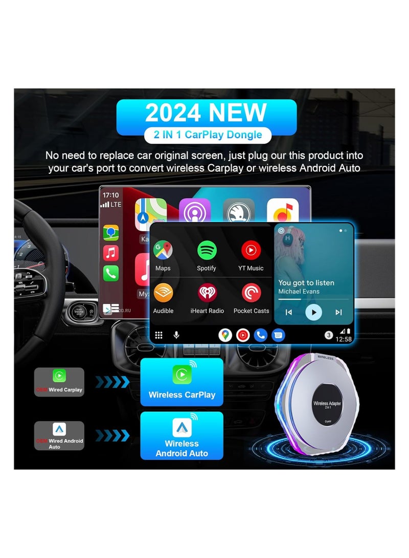 Wireless CarPlay and Android Auto Adapter, 2024 Plug & Play Magic Box for iOS 10+ and Android 11+, Includes USB-C and USB-A Cables, Easy Connection for Your Phone.