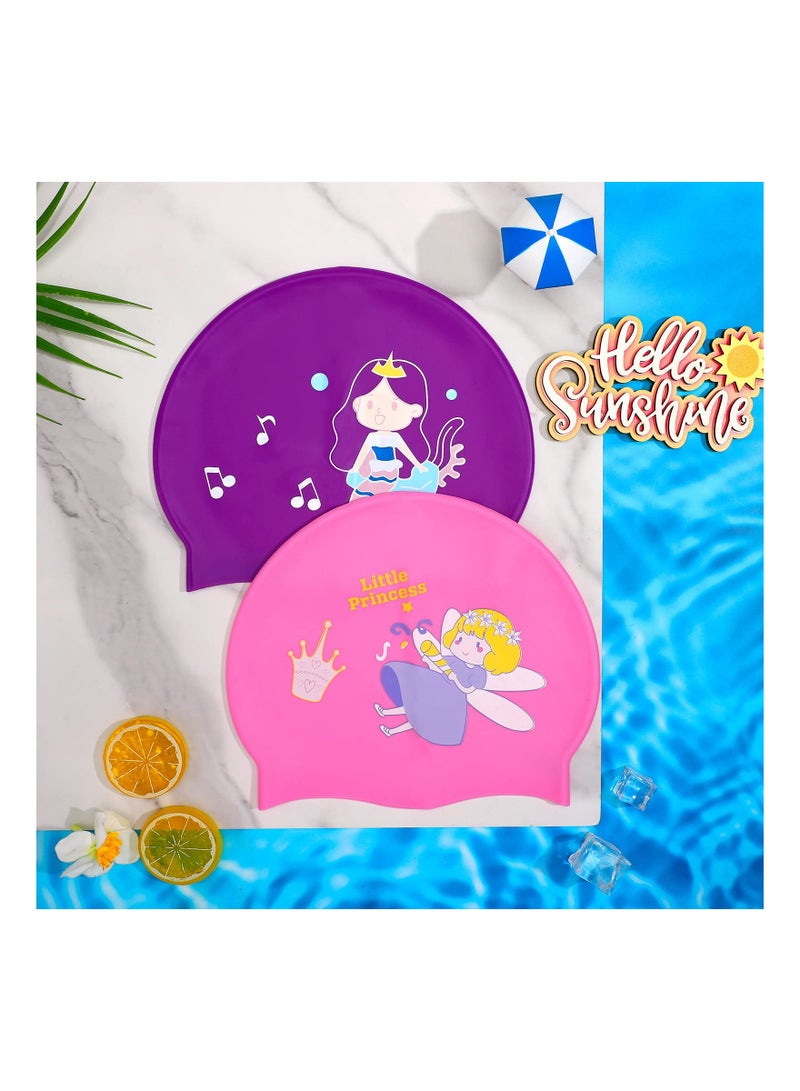 2 Pack Kids Silicone Swimming Caps - Waterproof Swim Hats for Comfortable Use, Suitable for Long and Short Hair, Ideal for Ages 5-14, Perfect Bathing Accessories for Boys and Girls.