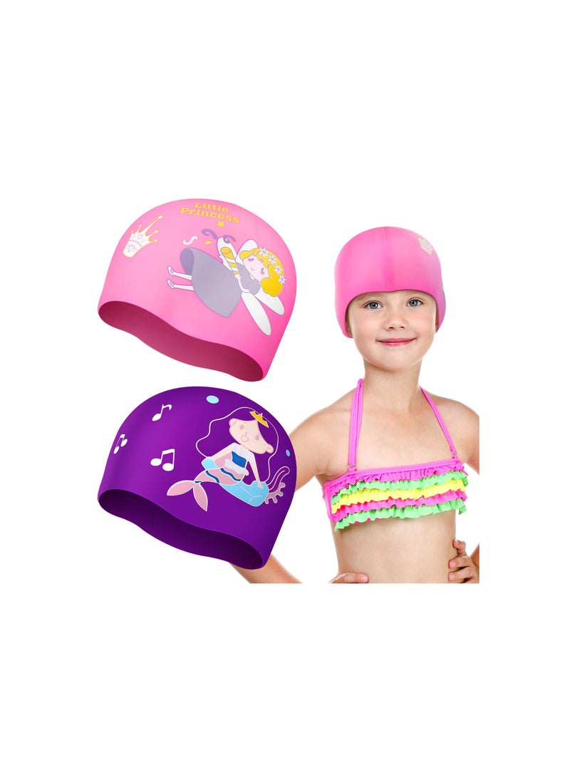 2 Pack Kids Silicone Swimming Caps - Waterproof Swim Hats for Comfortable Use, Suitable for Long and Short Hair, Ideal for Ages 5-14, Perfect Bathing Accessories for Boys and Girls.