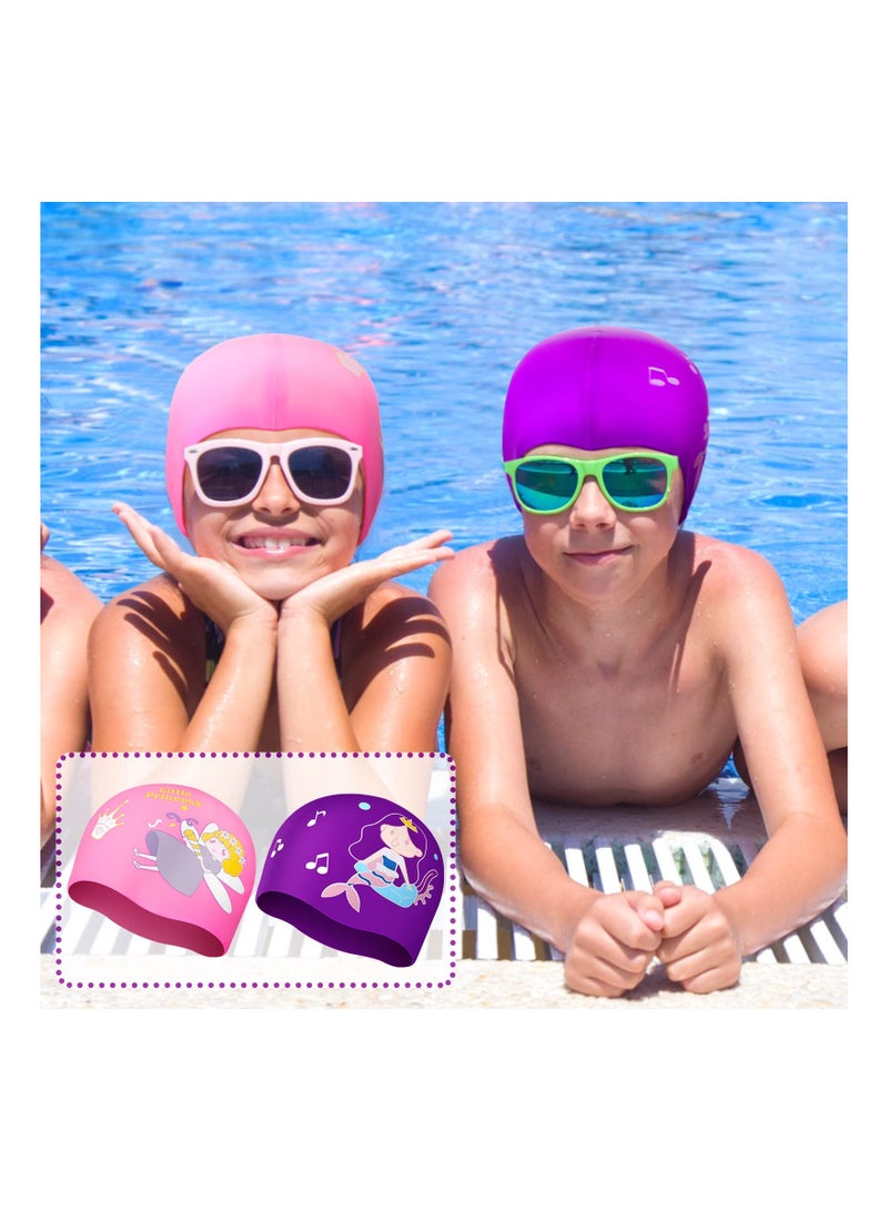 2 Pack Kids Silicone Swimming Caps - Waterproof Swim Hats for Comfortable Use, Suitable for Long and Short Hair, Ideal for Ages 5-14, Perfect Bathing Accessories for Boys and Girls.