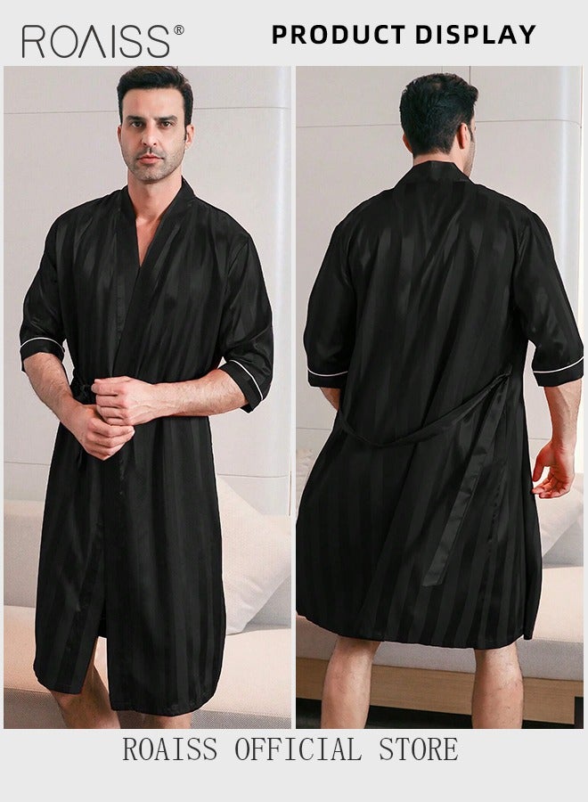 Soft Skin Friendly Robe for Men with Drawstrings Men's Stripe Print Breathable Ice-Silk Bathrobe Lightweight Half Sleeves Satin Sleepwear Longewear Ideal for Home Wear or Sleeping