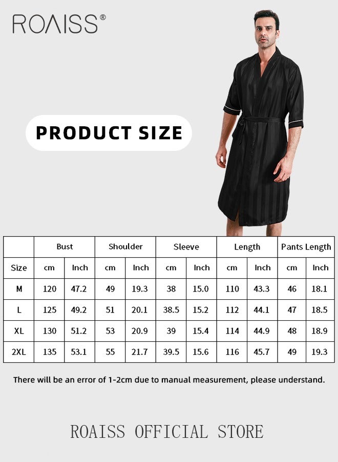 Soft Skin Friendly Robe for Men with Drawstrings Men's Stripe Print Breathable Ice-Silk Bathrobe Lightweight Half Sleeves Satin Sleepwear Longewear Ideal for Home Wear or Sleeping