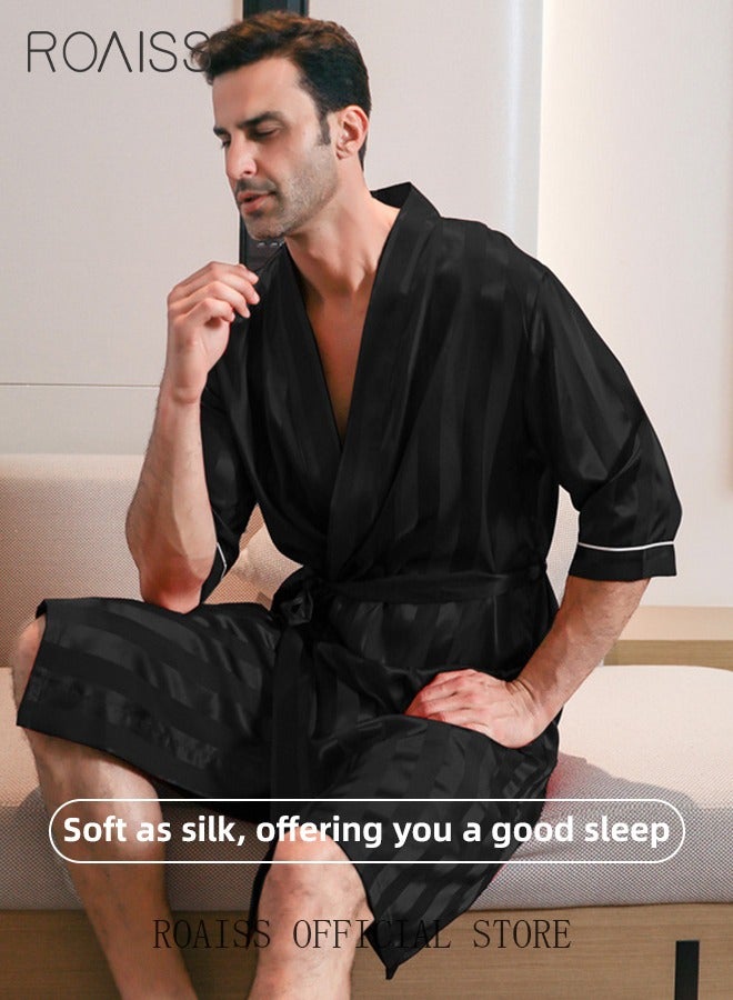 Soft Skin Friendly Robe for Men with Drawstrings Men's Stripe Print Breathable Ice-Silk Bathrobe Lightweight Half Sleeves Satin Sleepwear Longewear Ideal for Home Wear or Sleeping