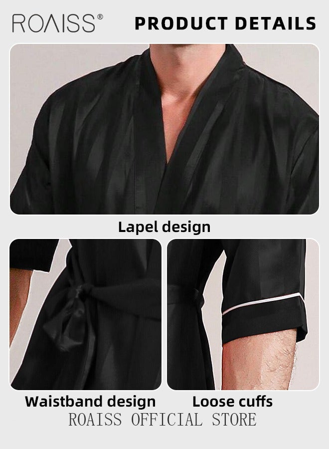 Soft Skin Friendly Robe for Men with Drawstrings Men's Stripe Print Breathable Ice-Silk Bathrobe Lightweight Half Sleeves Satin Sleepwear Longewear Ideal for Home Wear or Sleeping