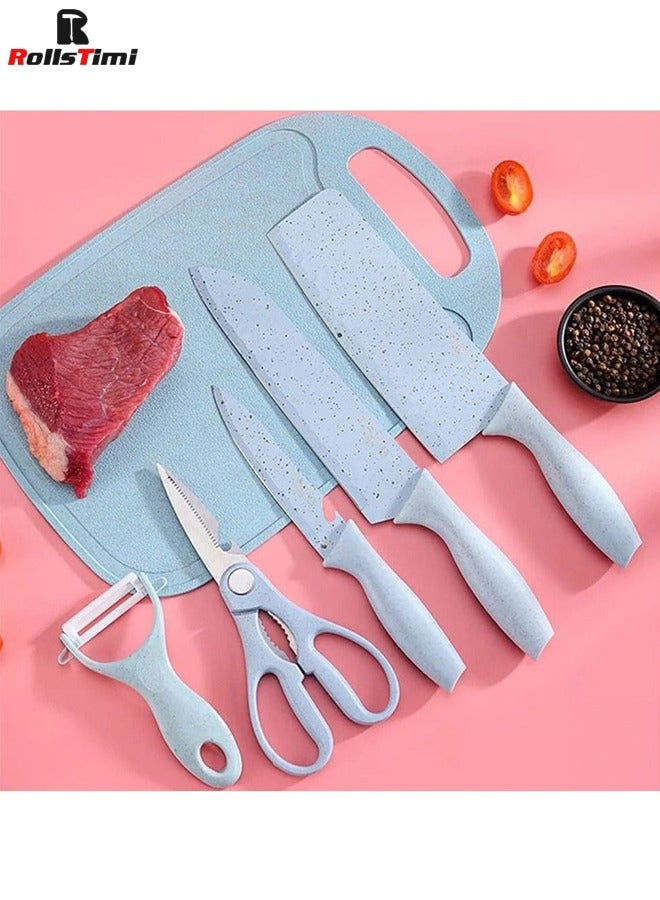 7-Piece Wheat Straw Knives Set, Household Stainless Steel Fruit Kitchen Knives With Cutting Board,Blue