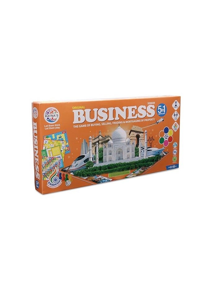 Ratna's 5 in 1 Business Senior Game with Plastic Coins Along with Other Board Games Like Ludo, Snakes Ladder, Car Rally & Cricket for Kids & Adults