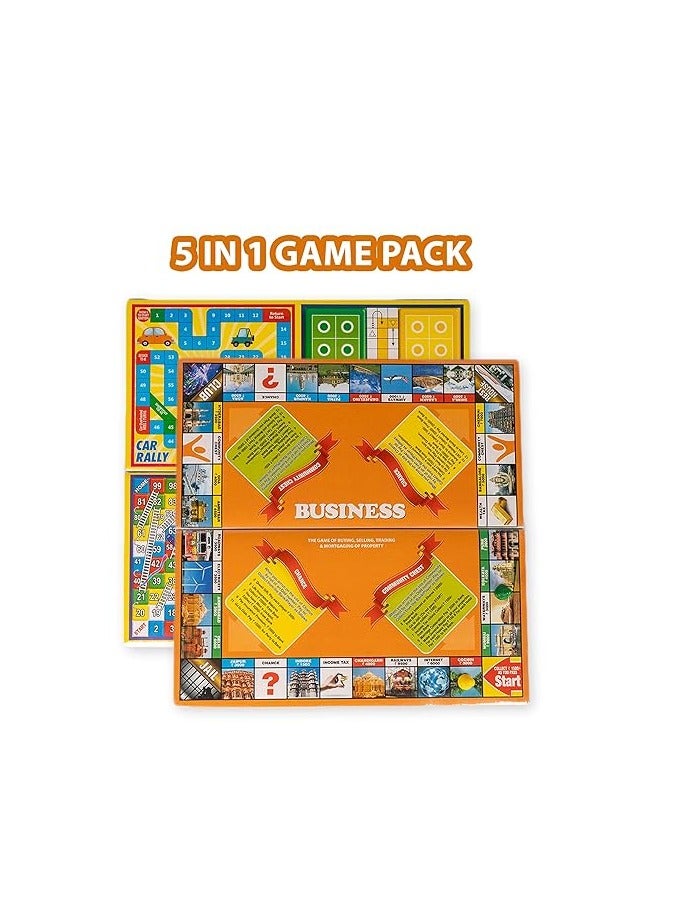 Ratna's 5 in 1 Business Senior Game with Plastic Coins Along with Other Board Games Like Ludo, Snakes Ladder, Car Rally & Cricket for Kids & Adults