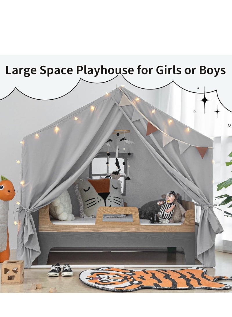 Kids Large Play Tent, Playhouse with LED String Lights Flags and Padded Mat, Boys Girls Castle Cottage, Indoors Outdoors Activity Center Reading Nook