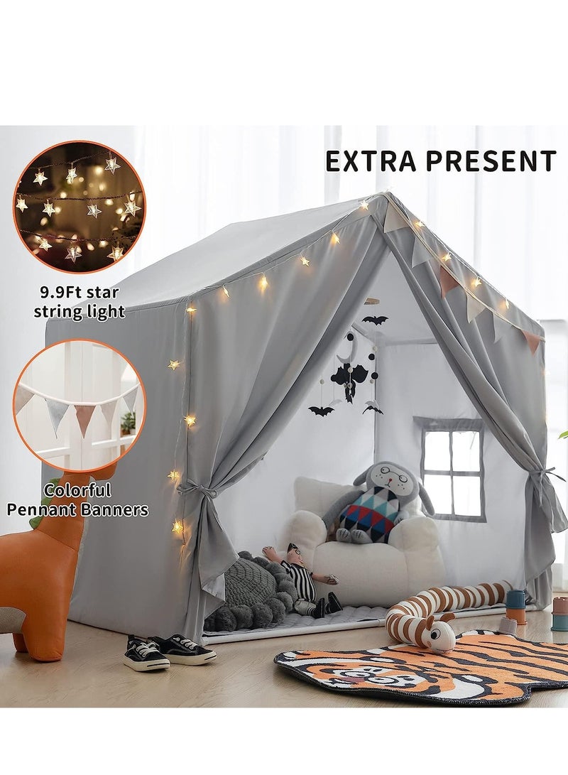 Kids Large Play Tent, Playhouse with LED String Lights Flags and Padded Mat, Boys Girls Castle Cottage, Indoors Outdoors Activity Center Reading Nook