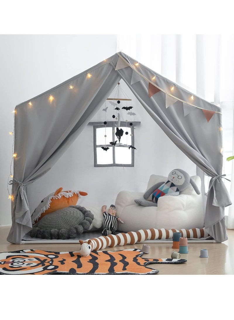 Kids Large Play Tent, Playhouse with LED String Lights Flags and Padded Mat, Boys Girls Castle Cottage, Indoors Outdoors Activity Center Reading Nook