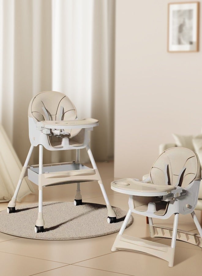 Baby Chair Baby Feeding Foldable Dining High Chair With 4 Wheels Double Removable Tray