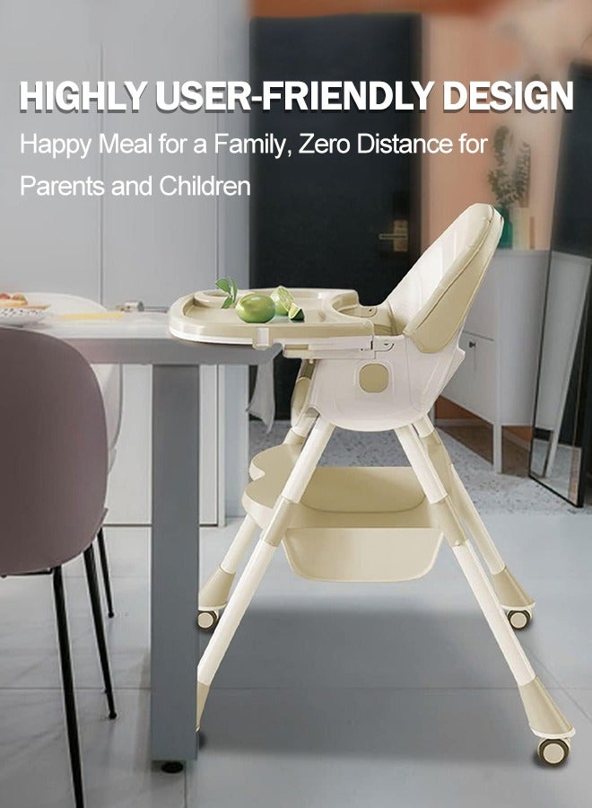 Baby Chair Baby Feeding Foldable Dining High Chair With 4 Wheels Double Removable Tray