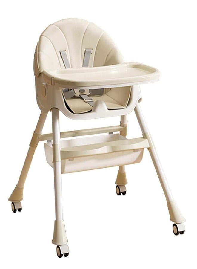 Baby Chair Baby Feeding Foldable Dining High Chair With 4 Wheels Double Removable Tray