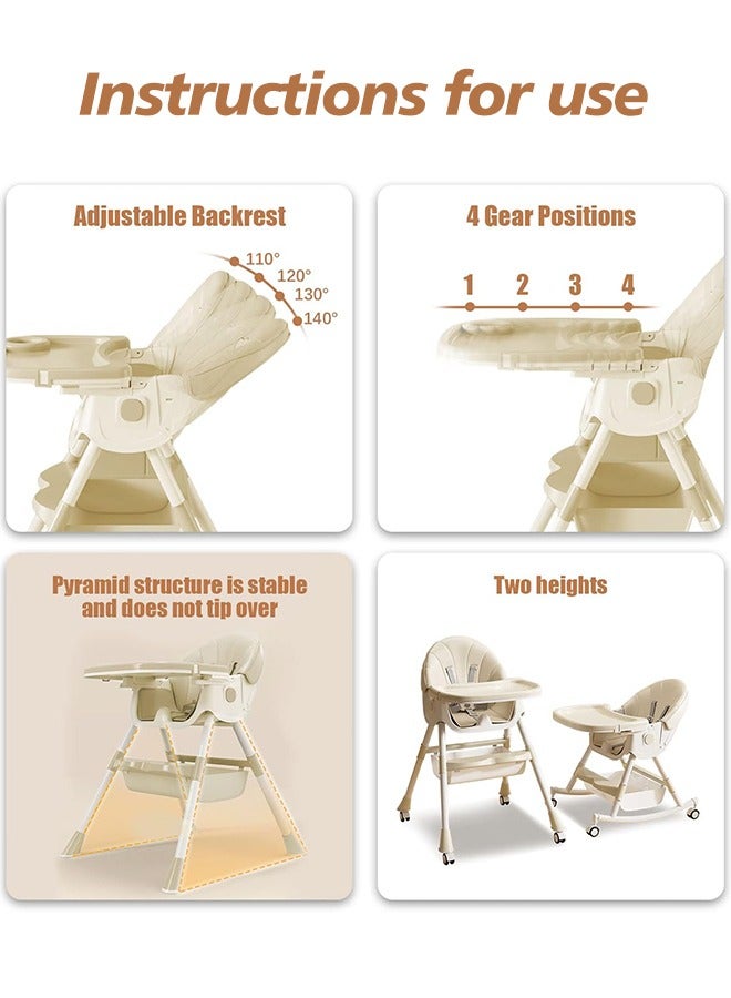 Baby Chair Baby Feeding Foldable Dining High Chair With 4 Wheels Double Removable Tray