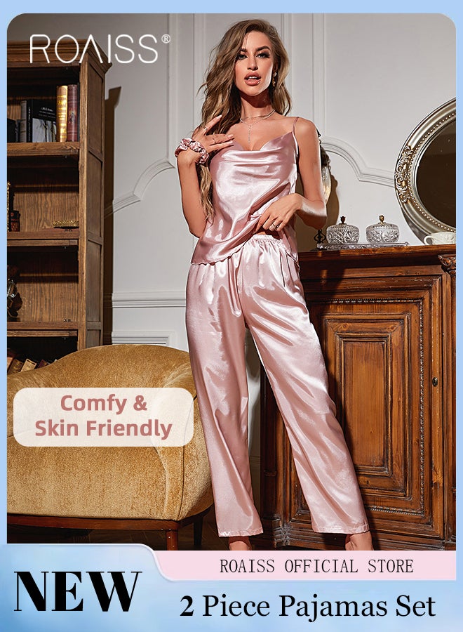 2 Piece Ice Silk Pajamas Set for Women Involves Spaghetti Strap Cami Top and Pants Ladies Comfy and Breathable Soft Loungewear Can Be Worn Outside Women's Sleeveless Thin Sleepwear