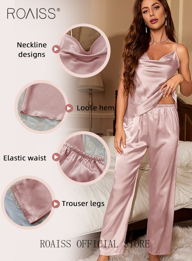 2 Piece Ice Silk Pajamas Set for Women Involves Spaghetti Strap Cami Top and Pants Ladies Comfy and Breathable Soft Loungewear Can Be Worn Outside Women's Sleeveless Thin Sleepwear