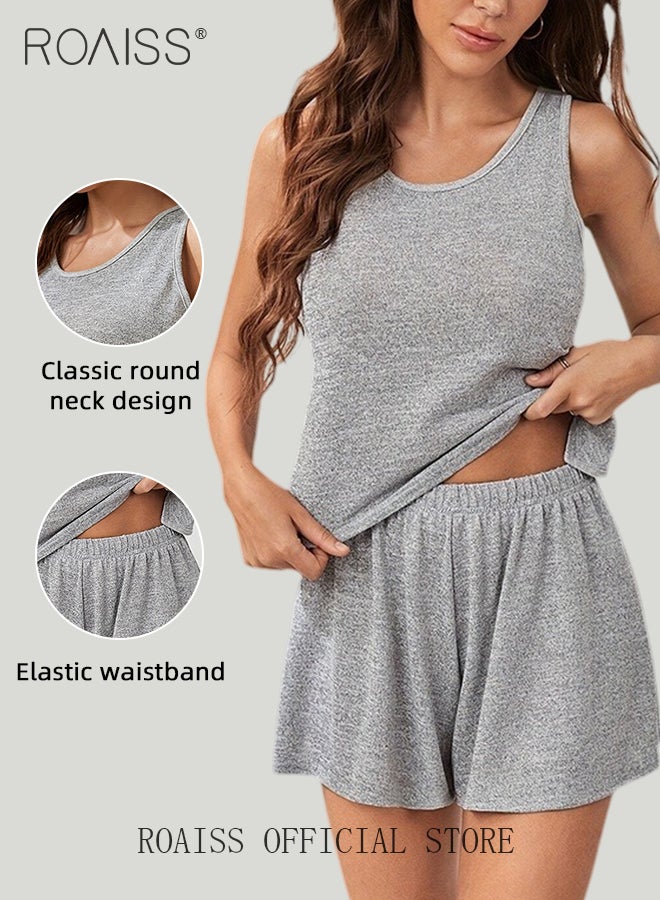 2 PCS Wrap Cross Back Loungewear Set for Women Sleeveless Scoop Neck Tank Top and Casual Shorts Ladies Girls Comfy Skin Friendly Solid Color Split Pajamas Can Be Worn Outside