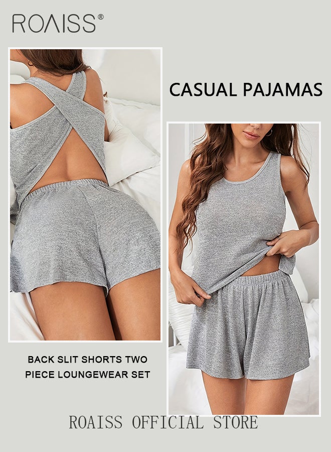 2 PCS Wrap Cross Back Loungewear Set for Women Sleeveless Scoop Neck Tank Top and Casual Shorts Ladies Girls Comfy Skin Friendly Solid Color Split Pajamas Can Be Worn Outside