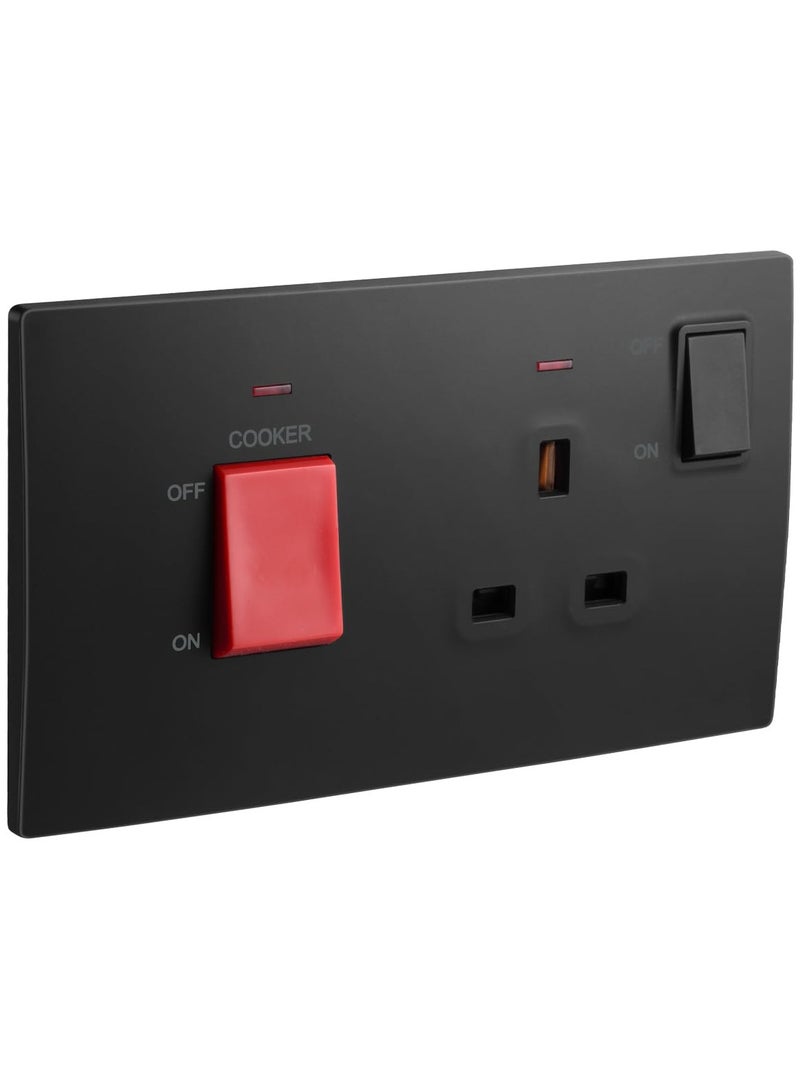 RACO Legrand Mallia Senses 2-Gang Cooker Unit Control - 45A Double Pole Switch and 13A Switched Socket with indicator, Matt Black