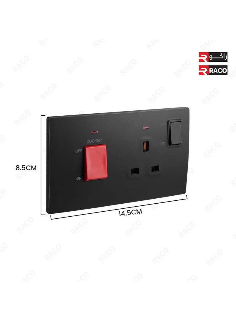 RACO Legrand Mallia Senses 2-Gang Cooker Unit Control - 45A Double Pole Switch and 13A Switched Socket with indicator, Matt Black