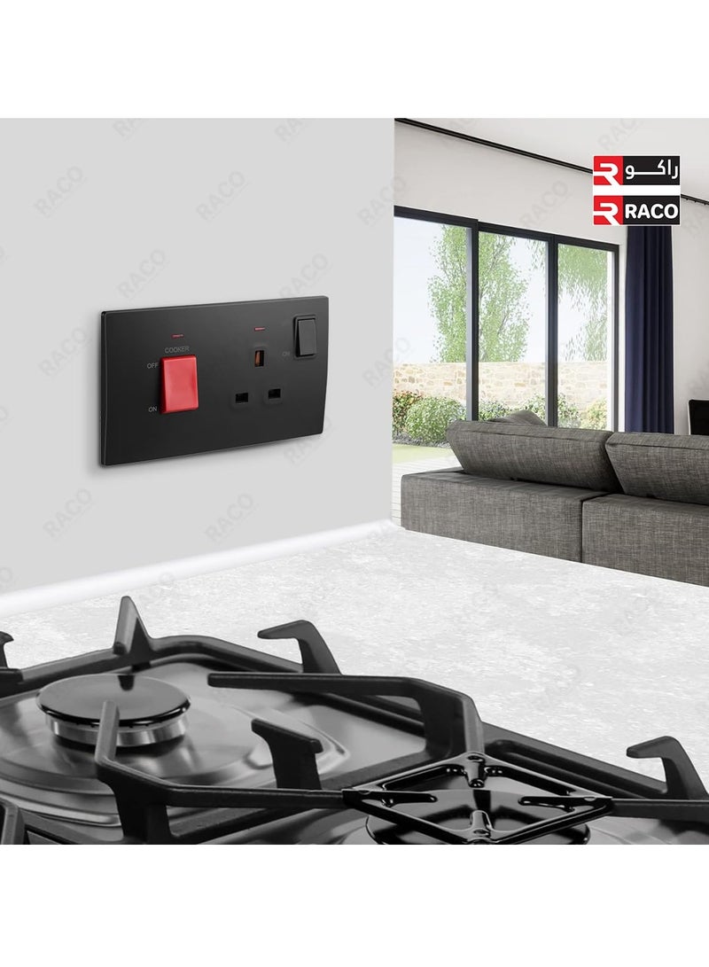 RACO Legrand Mallia Senses 2-Gang Cooker Unit Control - 45A Double Pole Switch and 13A Switched Socket with indicator, Matt Black