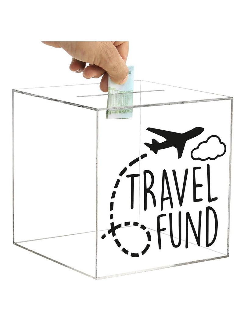 Clear Bank for Adults Kids, Acrylic Bank for Boys Girls to Saving Money Cash Coin, Must Break to Open (15 x 15 cm, Travel Fund)