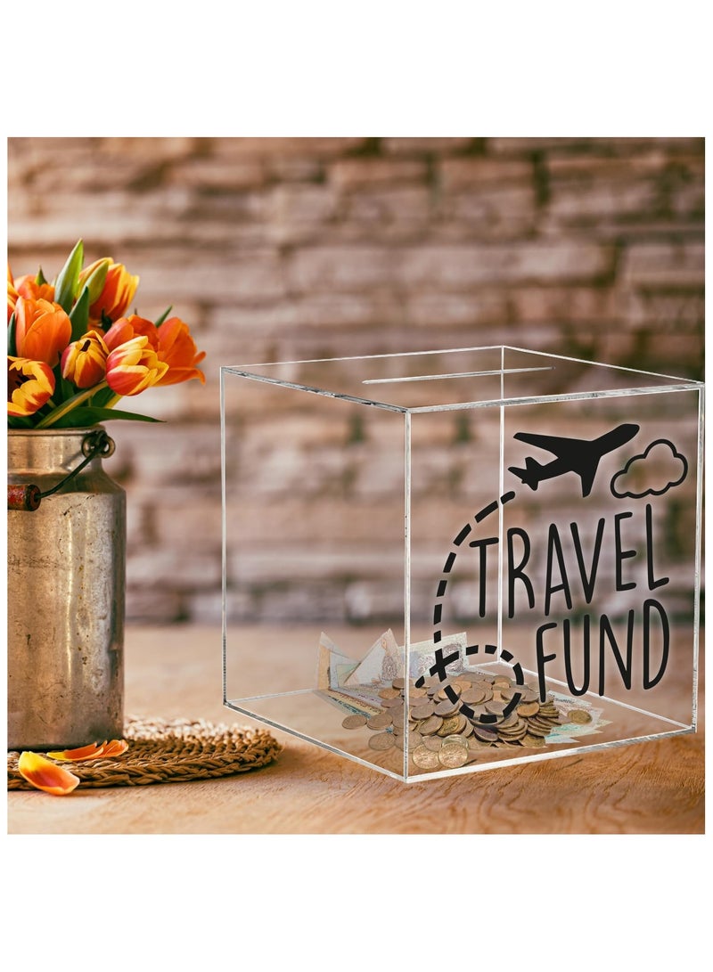 Clear Bank for Adults Kids, Acrylic Bank for Boys Girls to Saving Money Cash Coin, Must Break to Open (15 x 15 cm, Travel Fund)