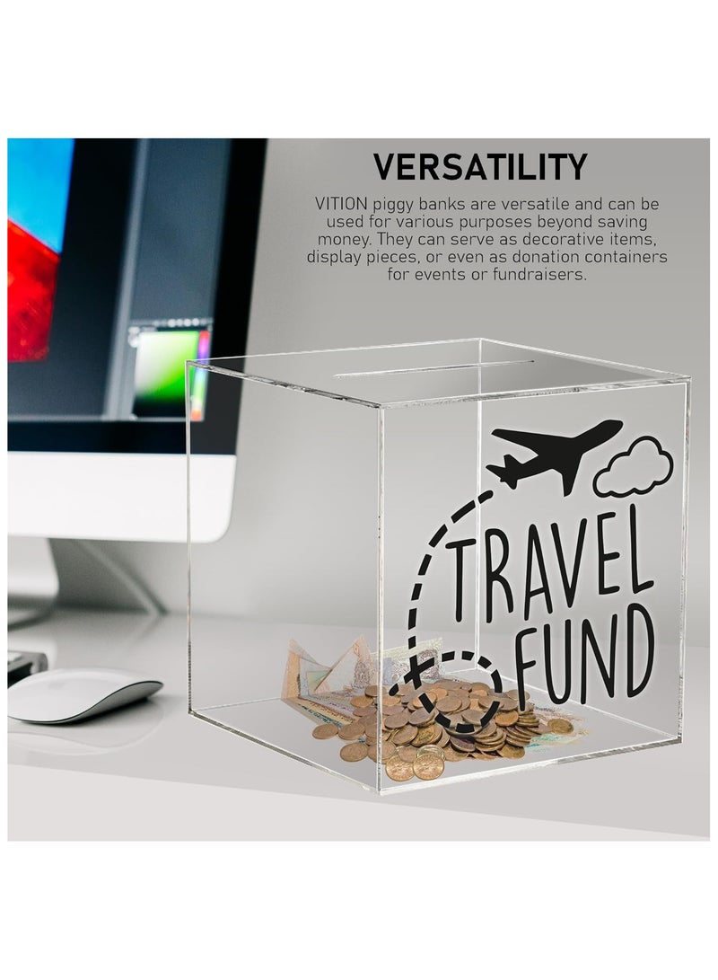 Clear Bank for Adults Kids, Acrylic Bank for Boys Girls to Saving Money Cash Coin, Must Break to Open (15 x 15 cm, Travel Fund)