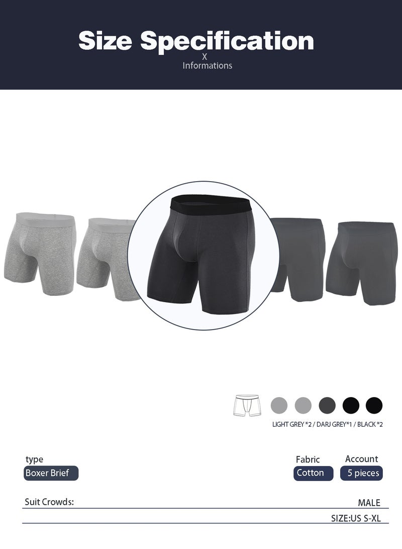 Men's 5-Pack Boxer Briefs - Mid-Rise, Anti-Chafing Stretch Cotton, Breathable Athletic Underwear in Assorted Colors (Black/Gray/Light Grey) - Available in S