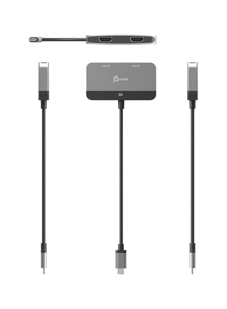 j5create JCA465 8K USB-C® to Dual HDMI™ Display Adapter, Space Gray/Black