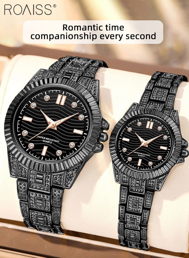 Stainless Steel Strap Couple Quartz Watch Set, Analog Display Round Dial, Waterproof Luminous Exquisite Fashion Wristwatch Suitable for Men Women, Black