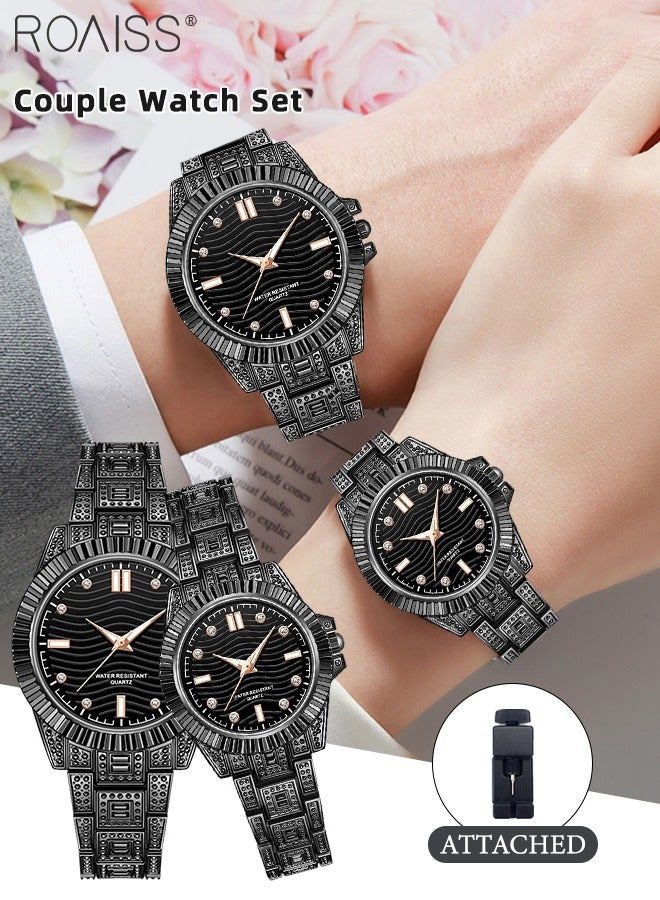 Stainless Steel Strap Couple Quartz Watch Set, Analog Display Round Dial, Waterproof Luminous Exquisite Fashion Wristwatch Suitable for Men Women, Black