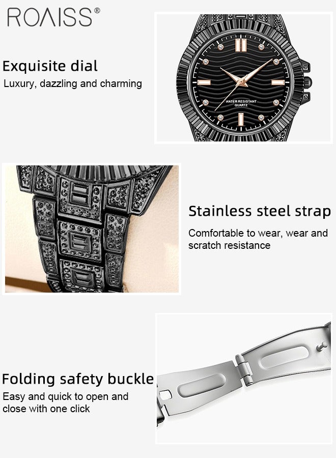 Stainless Steel Strap Couple Quartz Watch Set, Analog Display Round Dial, Waterproof Luminous Exquisite Fashion Wristwatch Suitable for Men Women, Black