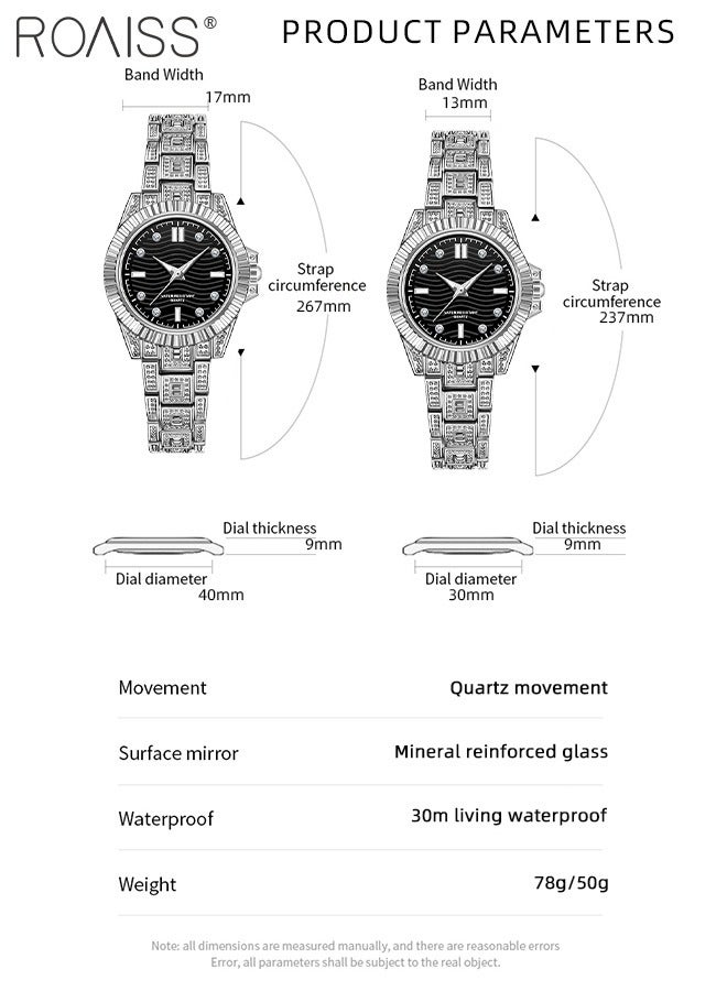 Stainless Steel Strap Couple Quartz Watch Set, Analog Display Round Dial, Waterproof Luminous Exquisite Fashion Wristwatch Suitable for Men Women, Black and Silver