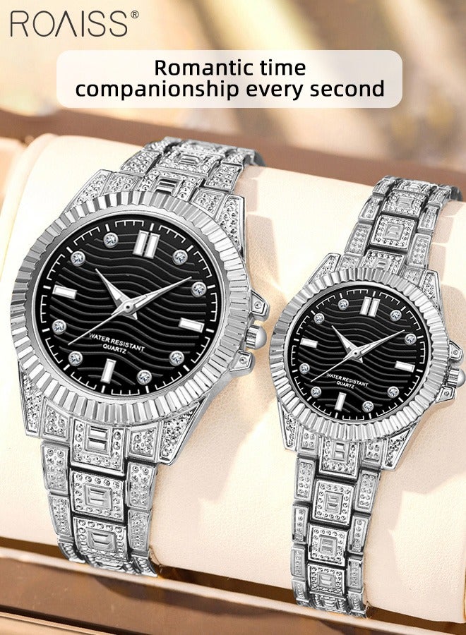 Stainless Steel Strap Couple Quartz Watch Set, Analog Display Round Dial, Waterproof Luminous Exquisite Fashion Wristwatch Suitable for Men Women, Black and Silver