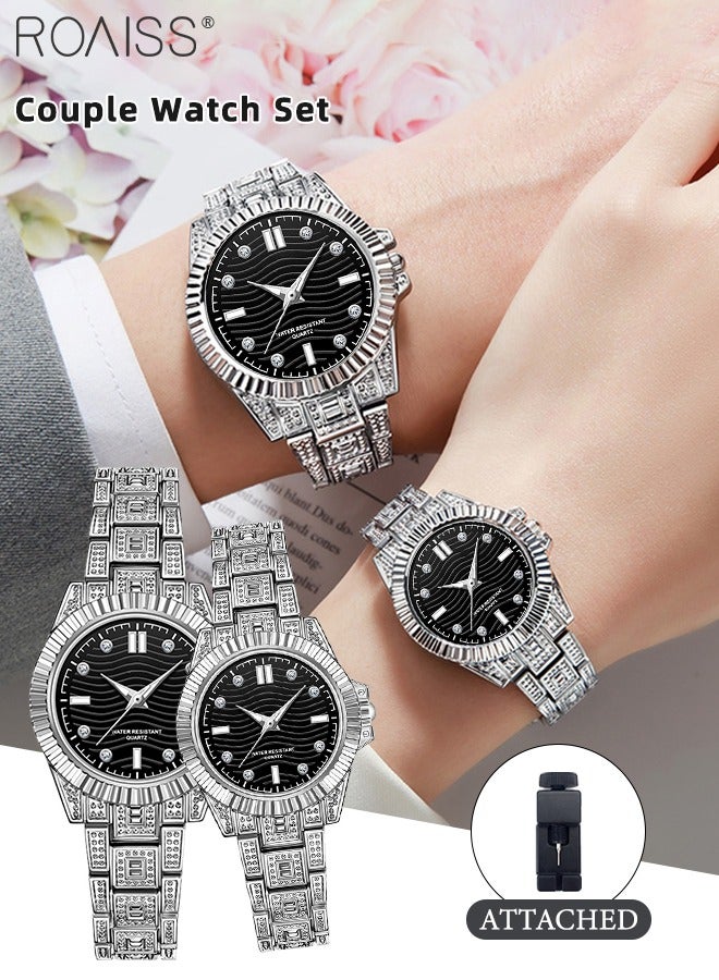 Stainless Steel Strap Couple Quartz Watch Set, Analog Display Round Dial, Waterproof Luminous Exquisite Fashion Wristwatch Suitable for Men Women, Black and Silver