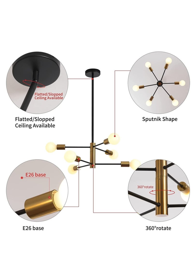 Modern Chandelier, Sputnik Chandelier, Ceiling Light Fixture, Dining Room Chandelier Over Table Height Adjustable, Black and Gold Mid Century Chandelier(Without Bulb)(6 Light)