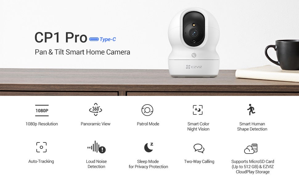 CP1 Pro 360 Degree Smart Security Camera (White) One-Touch Call / Up to 512GB SD Card Support / 1080P Full HD / Privacy Mode / Alexa Google Assistant / Motion Detection & Human Detection / 2-Way Audio / Night Vision