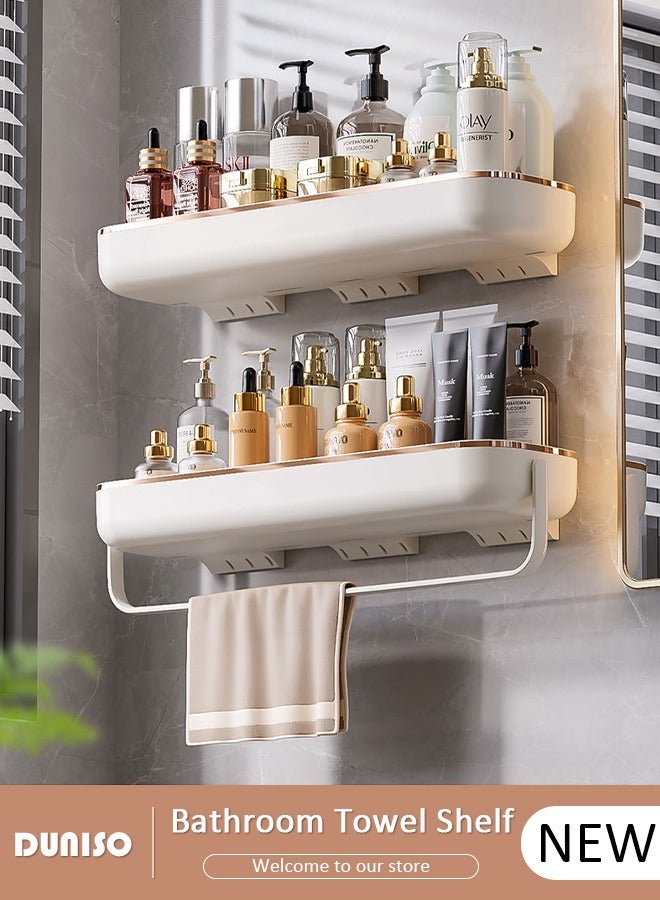 2PCS Bathroom Towel Shelf, Bathroom Shower Caddy Organizer Shelf Rack with Towel Bar and Hook, Wall Mounted Bathroom Storage Shelves, Adhesive Shelves for Bathroom Organization