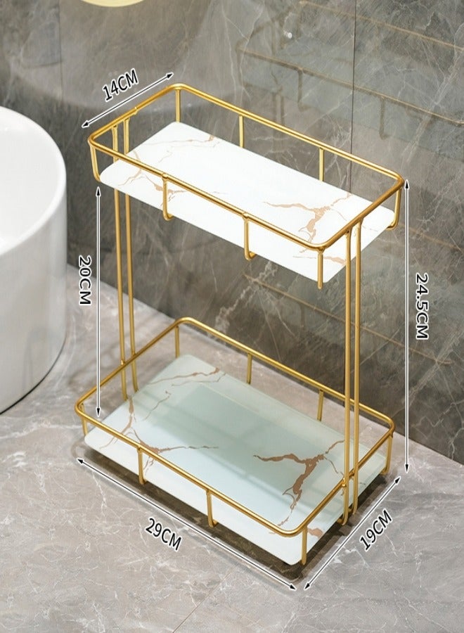 2-Tier Metal Countertop Bathroom Organizer Rack and Cosmetic Countertop Storage Shelf with Removable White Marble Glass Tray