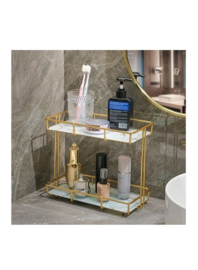 2-Tier Metal Countertop Bathroom Organizer Rack and Cosmetic Countertop Storage Shelf with Removable White Marble Glass Tray