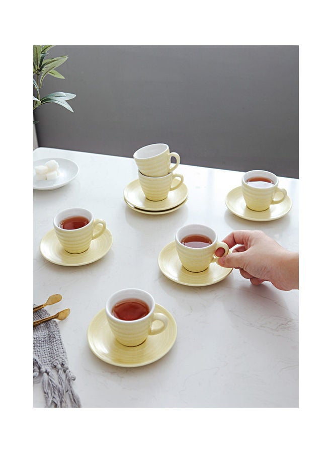 12-Piece Kiln Variable Glaze Round Linear Ceramic Cup And Saucer Yellow 9x5.4x5.4cm
