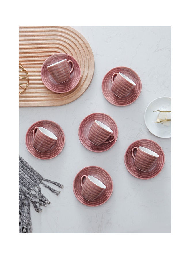 12-Piece Kiln Variable Glaze Round Linear Ceramic Cup And Saucer Pink 9x5.4x5.4cm