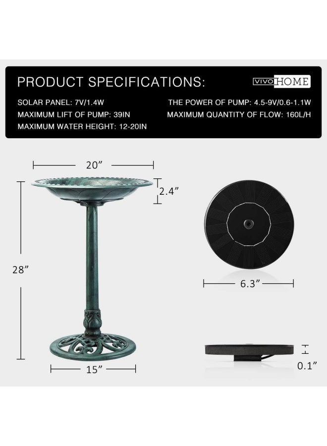 Vivohome  Polyresin Antique Outdoor Green Garden Bird Bath And Solar Powered Round Pond Fountain Combo Set