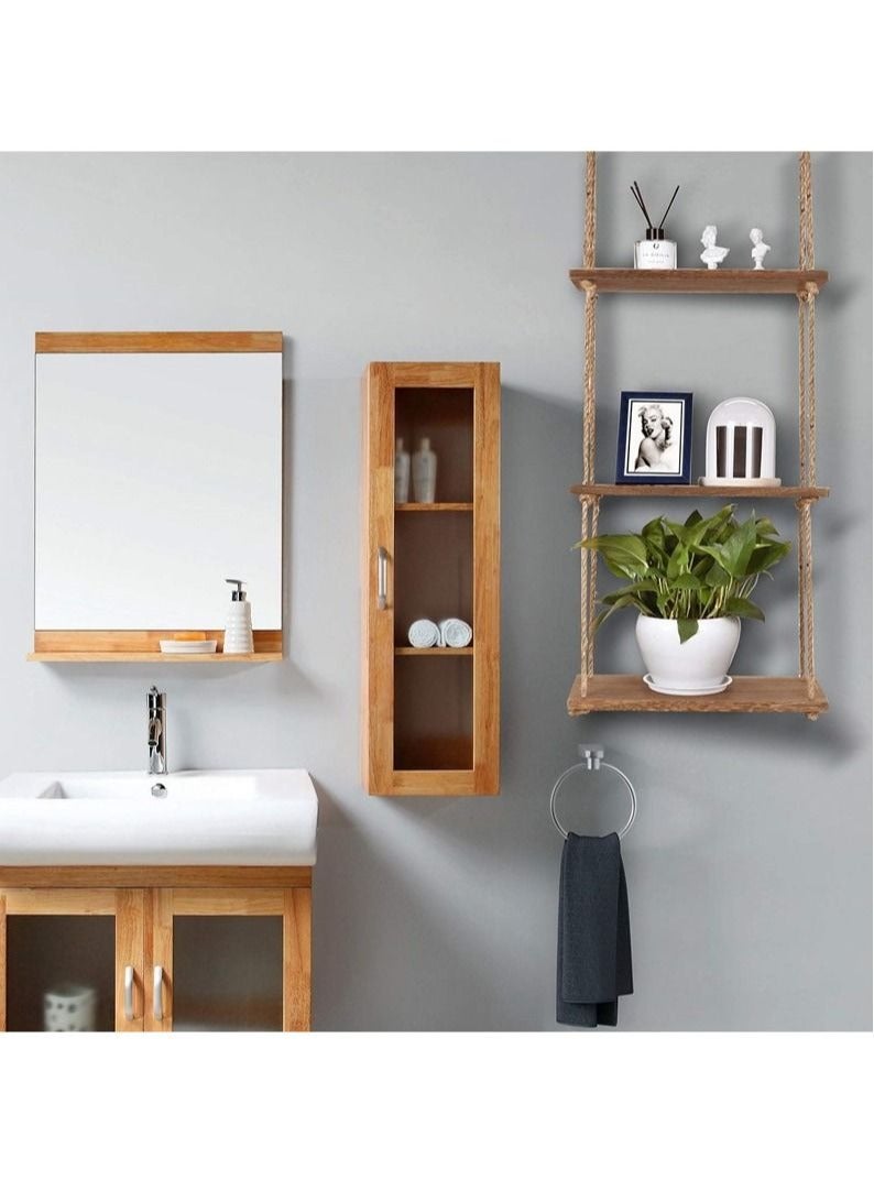 3 Tier Boho Style Wood Wall Shelf Hanging Floating Shelves Storage Organizer with Woven Rope