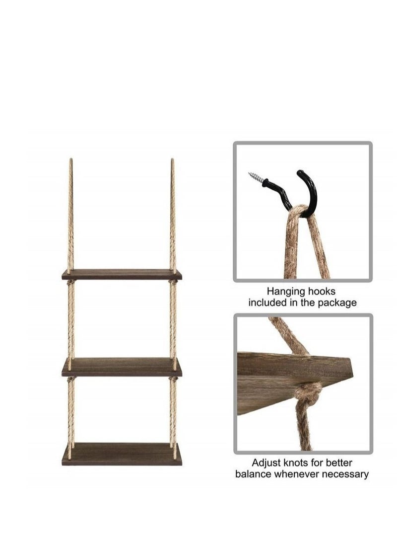3 Tier Boho Style Wood Wall Shelf Hanging Floating Shelves Storage Organizer with Woven Rope