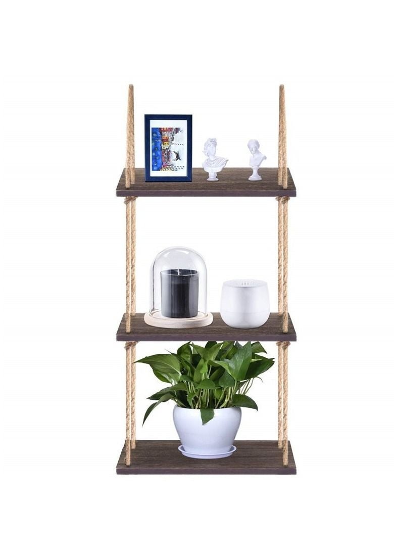 3 Tier Boho Style Wood Wall Shelf Hanging Floating Shelves Storage Organizer with Woven Rope