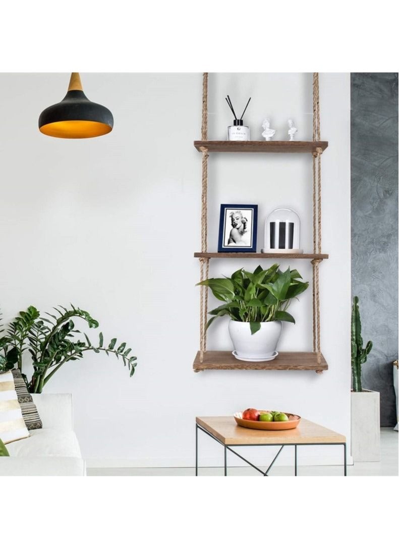 3 Tier Boho Style Wood Wall Shelf Hanging Floating Shelves Storage Organizer with Woven Rope